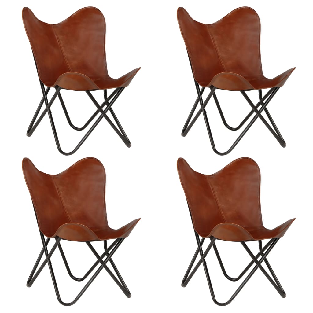 Set de 4 fotolii tip fluture, vidaXL, Piele naturala/Otel, 63 x 56 x 76 cm, Maro